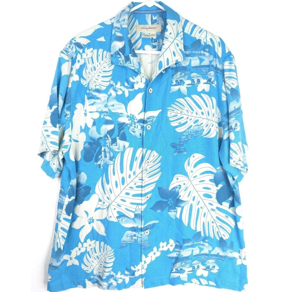 Tommy Bahama Shirt Mens XL Blue White 100% Silk Floral Hawaiian Camp Loop Collar - Picture 1 of 9